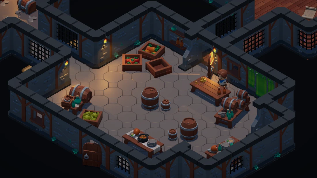 An unlockable storage room stocked with crates, barrels and produce