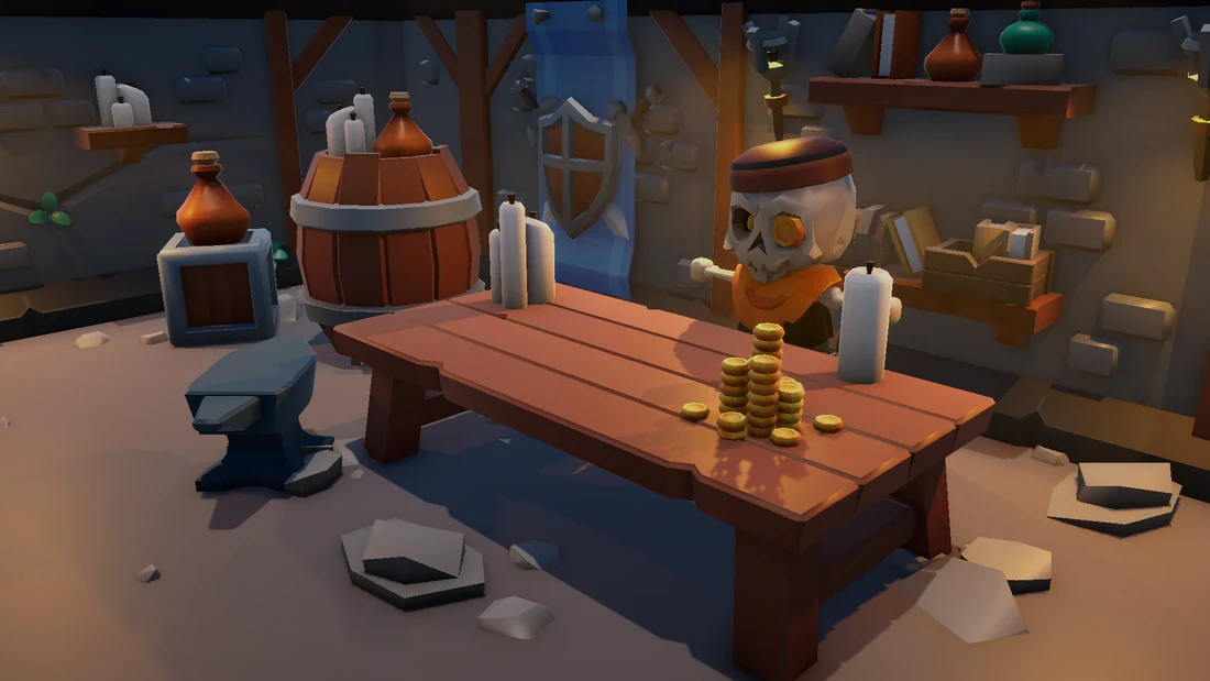 Close-up of Scaleton behind the counter with a stack of gold, lit by torchlight